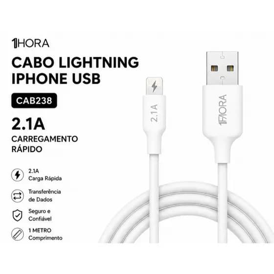 Cabo Lightning iPhone USB 1Hora CAB238 Original 2.1A Carregamento Rápido 1M
