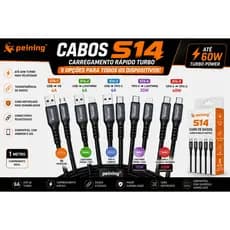 Cabo Turbo V8 Lightning Tipo C PD Peining S14 6A 30W 60W Carregamento Rápido