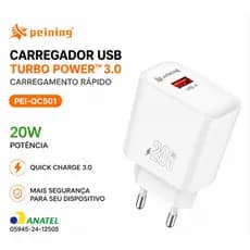 Carregador Turbo 20W Peining QC501 USB Quick Charge 3.0 Carga Rápida Homologado Anatel
