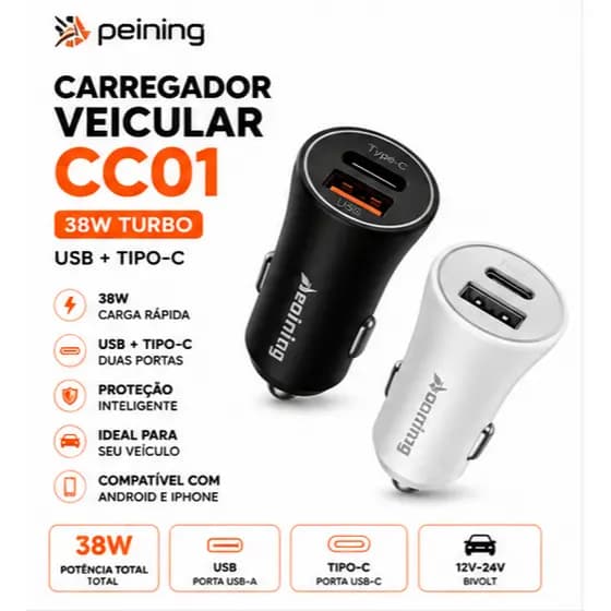 Carregador Veicular Peining PEI-CC01 38W Turbo USB Tipo C Carga Rápida Carro Universal