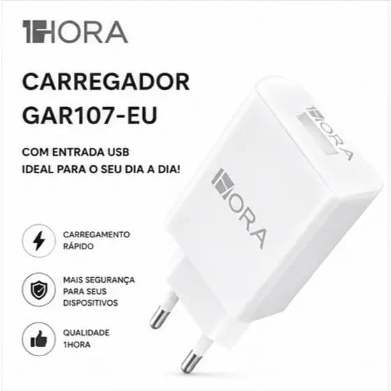 Carregador USB 10W 1Hora GAR107 Fonte Compacta Carga Rápida Android iPhone Seguro