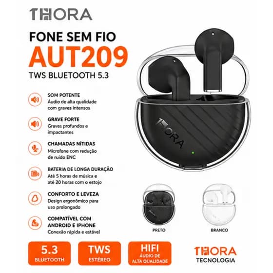 Fone Bluetooth 5.3 1Hora AUT209 TWS Sem Fio Som Potente Grave Forte Bateria Longa Android iPhone
