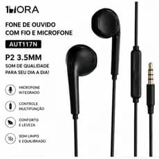 Fone Ouvido P2 1Hora AUT117N Microfone Controle Volume Celular Notebook PC Preto