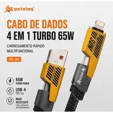 Cabo 4 Em 1 Peining PEI-J80 Turbo 65W Lightning Tipo C USB-A Carga Rápida