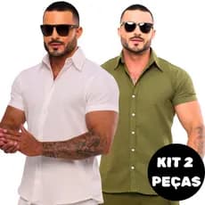Kit Com 2 Camisa Masculino Linho Manga Curta Social Casual Slim Fit Verão Elegante