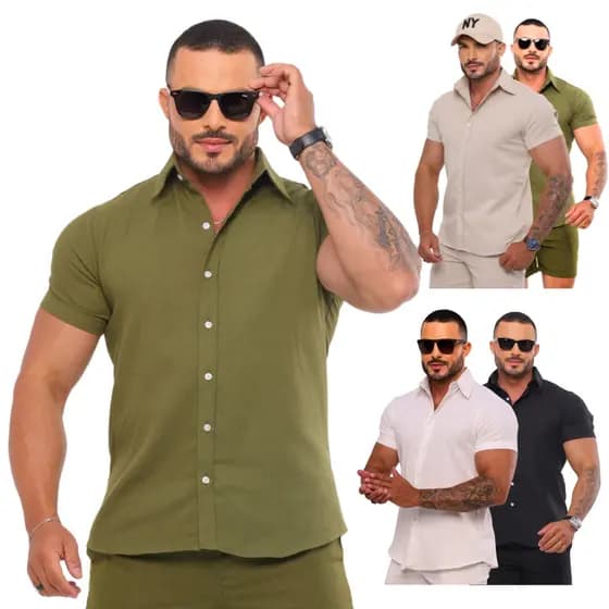 Camisa Social Masculino Linho Premium Manga Curta Casual Social