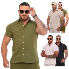 Camisa Social Masculino Linho Premium Manga Curta Casual Social