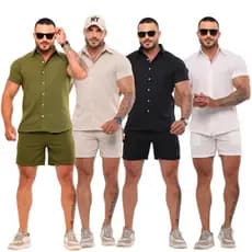 Conjunto Linho Masculino Camisa Botão Bermuda Mauricinho Casual Slim Fit