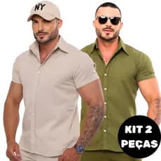 Kit Com 2 Camisa Social Masculino Linho Premium Manga Curta Casual Social
