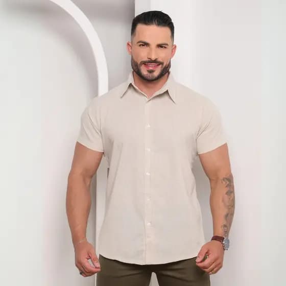 Camisa Masculina de Linho Manga Curta Leve Fresca Elegante para Verão Casual Social