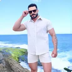 Conjunto Masculino de Linho Camisa Mauricinho Slim Fit com Bolso + Bermuda  Esporte Fino Verão Praia