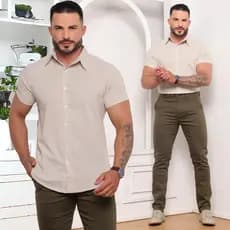 Camisa Linho Slim Manga Curta Masculina