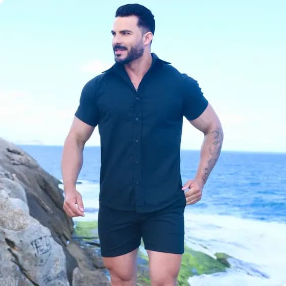 Conjunto Casual Estiloso Verão Praia Camisa Mauricinho + Bermuda Masculina em Linho