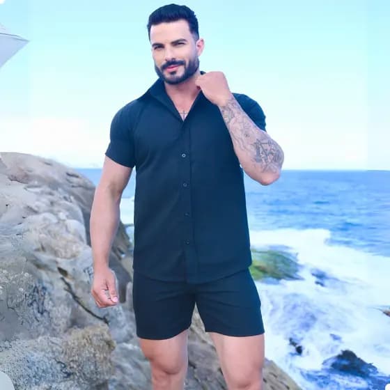 Conjunto Masculino Linho Premium Camisa Slim Fit e  Short Mauricinho  Casual Verão Praia Luxo