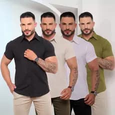 Camisa Social Masuclina Linho Manga Curta Slim Fit Verao