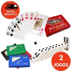 Kit 02 Jg. Baralho Duplo 108 Cartas 100% Plástico + Dominó De Osso 9mm Grande Profissional 28 Peças