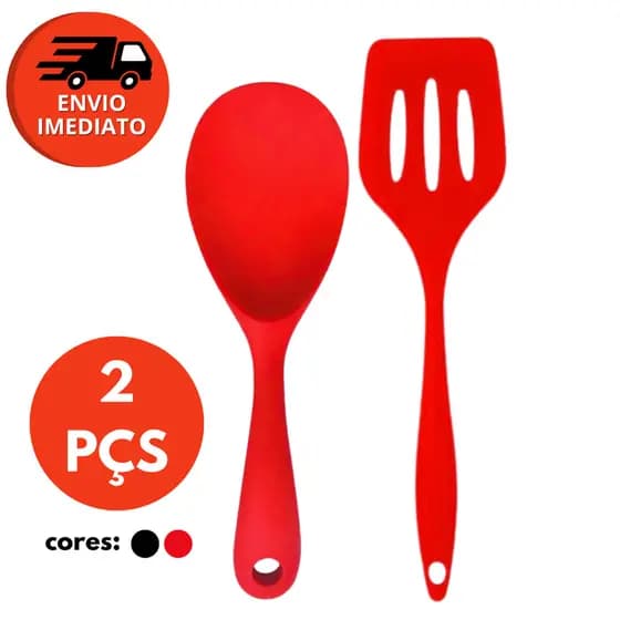 Kit Espátula Vazada E Colher Arroz Para Panela Elétrica Silicone Maciço Para Panelas Teflon Ceramico