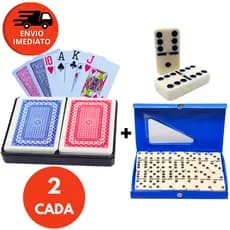 Kit 04 JG: 02 Baralho Duplo 108 Cartas 100% Plástico + 02 Dominó De Osso Grande Profissional 28 Pç