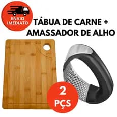 Kit Tabua Corte Madeira Com Alça Inox E Amassador Espremedor Triturador Alho Cozinha Restaurante