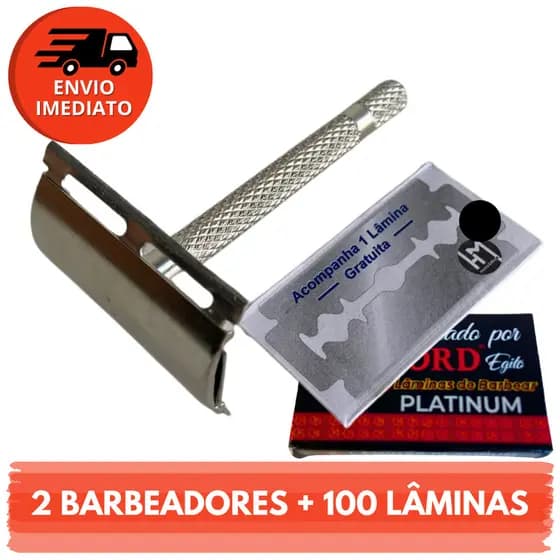 Kit Barbeador Metal Clássico Retrô Com Lâmina Para Barbear E Navalha Profissional Aço Inox