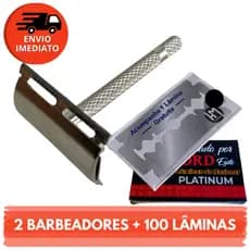 Kit Barbeador Metal Clássico Retrô Com Lâmina Para Barbear E Navalha Profissional Aço Inox