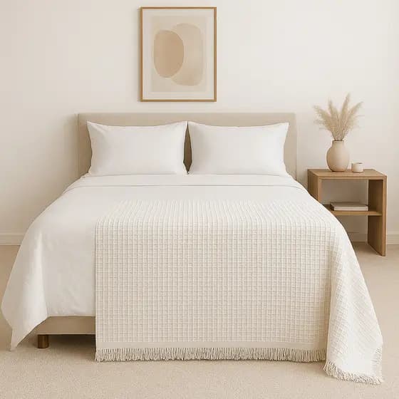 Manta Decorativa Luxuosa Boho Algodão Cru Matelassada – 2,10x1,50m