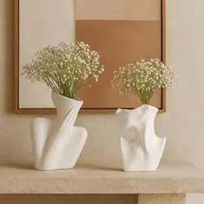 Conjunto 2 Vasos Decorativos Marfim – Esculturas em Gesso Fosco com Design Orgânico para Sala