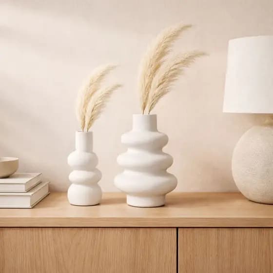 Kit Vaso Decorativo Branco  e Marfim Ondulado Mesa Sala Decoração Moderna Wave Flint
