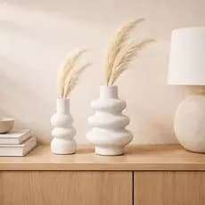 Kit Vaso Decorativo Branco  e Marfim Ondulado Mesa Sala Decoração Moderna Wave Flint

