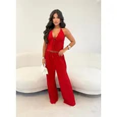 Conjunto Feminino Texturizado Blusinha e Calça Pantalona Casual Elegante Blusa Amarrações