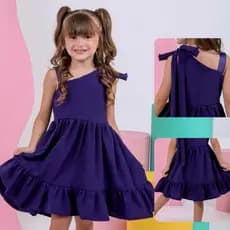 VESTIDO INFANTIL MENINA SEDINHA AZUL LISO RODADO BABADO CASUAL FESTA