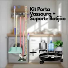 Kit Suporte Porta Vassoura Rodo Pá + Suporte Botijão Gás Agua e Plantas cor preto