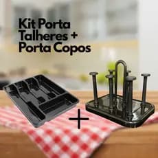 Kit Porta Talheres Suporte Organizador + Escorredor Porta Copos 6 lugares - preto
