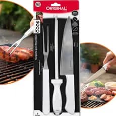Conjunto Churrasco 3 Peças Inox Faca Garfo Trinchante Chaira Afiador Linha Cook