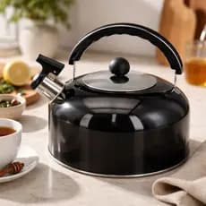 Chaleira Aço Inox com Apito 2L com Alça Café Chá Resistente Fogão Gás Elegante Preta ou Vermelha