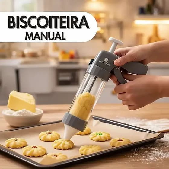 Modelador de Biscoitos Manual Hércules com 20 Peças Máquina Biscoiteira 13 Discos 6 Bicos Doméstico
