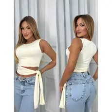 Blusa Cropped Feminino Suplex Forro Duplo Laço Lateral Verão Com Amarração Moda Gringa Camisa Estilosa