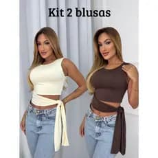 kit 2 Blusas Cropped Suplex Feminino Forro Duplo Laço Lateral Regata Feminina Moda Gringa