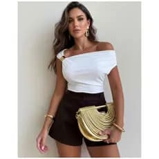 Blusa de Fivela Dourada Feminina Estilosa Elegante Suplex Premium  Casual Trabalho Social Ombro a Ombro Ciganinha