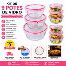Jogo até 9 Potes de Vidro Herméticos Redondo Tampa 4 Travas, Vedação Total, Para Marmita, Forno e Geladeira cor vermelha