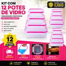 Jogo até 12 Potes de Vidro Herméticos Premium cor Rosa – 4 Travas, Vedação Total, Marmitas, Forno, Micro-ondas e Freezer