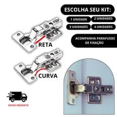 Kit Dobradiça Para Móveis Com Amortecedor Armário Reta Curva 35mm 2,  3, 4, 5 ou 10 Peças(Escolha o seu kit) Marca Renna