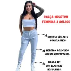 Calça Moletom Feminina Cós Alto 3 Bolsos Moletom feminino Grosso e Confortavel P ao G3