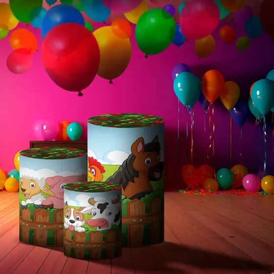 Kit Capas Cilíndricas Fazendinha Tecido Helanca Sublimado 3 Peças Festa