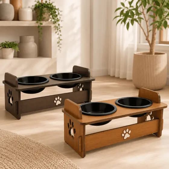 Comedouro Duplo Elevado MDF Para Gato Cachorro 2 Potes Preto ou Branco Pet