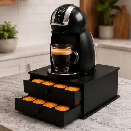 Suporte Cafeteira Organizador Capsulas Cafe MDF 2 Gavetas Cantinho Do Cafe Decorativo Preto Fosco Resistente Compacto
