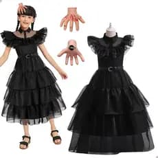 Vestido Festa Baile Fantasia Wandinha Addams Halloween Cinto Presilha Mãozinha