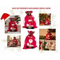 Saco de Presente Natalino Aveludado 29x45cm – Estampas Papai Noel e Boneco de Neve.