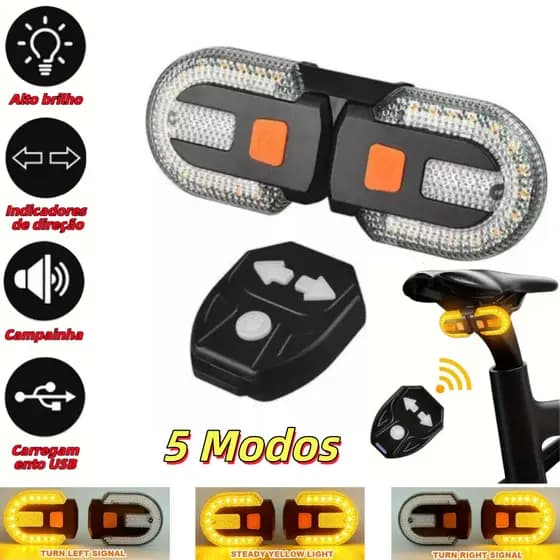 Lanterna Traseira Bike Eletrica com Seta Recarregável e Controle Sem fio USB 38 Leds