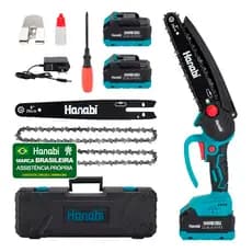 Mini Motosserra Elétrica 8" Hanabi Brushless Portátil 21V 2 Baterias Bivolt p/ Carpintaria e Jardim